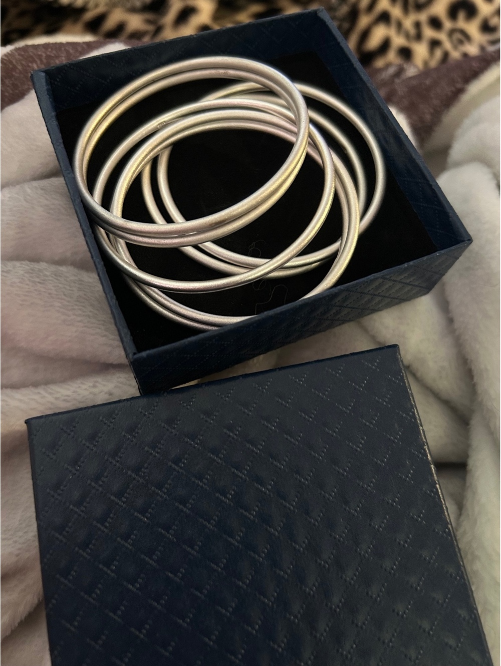 Set of Small Silver-Tone Metal Bangles with Gift Box
